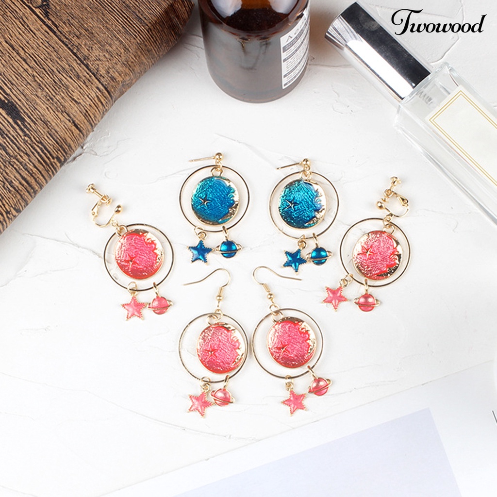 1 Pasang Anting Klip Desain Kartun Planet Bintang Untuk Anak Perempuan
