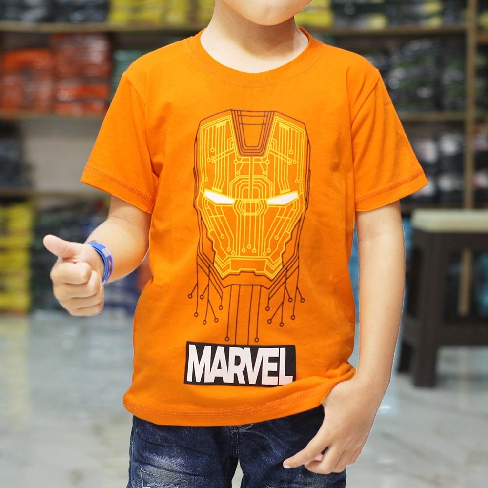 Kaos Superhero Anak Distro Lengan Pendek Grosir Ecer Kaos Anak Cowok Ironmn Marvl Oren