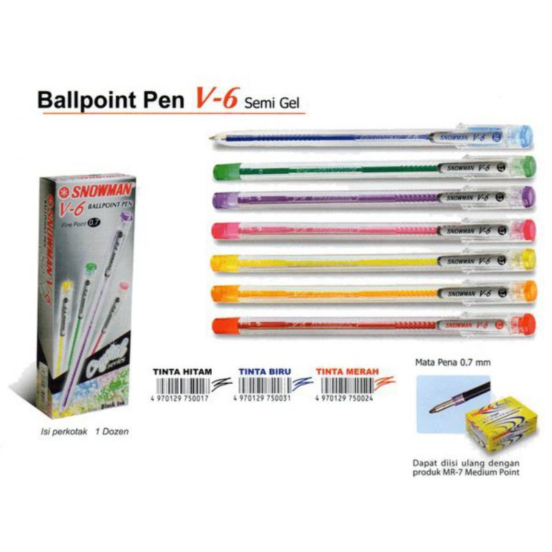 

pulpen snowman V6 Semi Gel 0.7mm ( 1pak/12pcs )