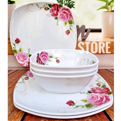 PROMO SET 6.PCS ISI 3.PIRING KOTAK SAJI 3.MANGKOK KOTAK MELAMINE MOTIF