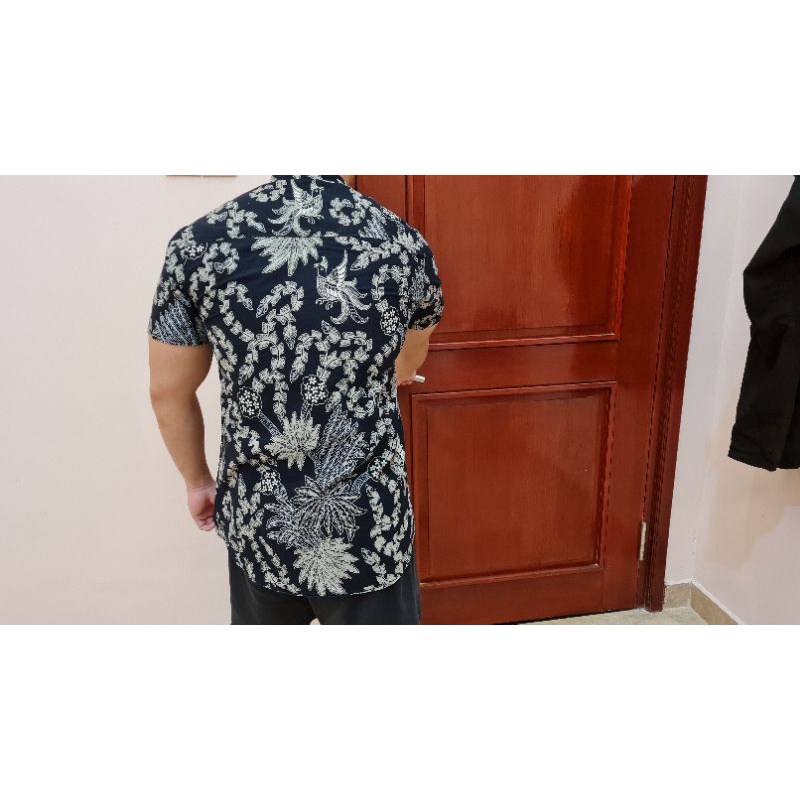 Kemeja Batik Hitam Abu Furing Corak Burung Cap Cabut Formal Casual