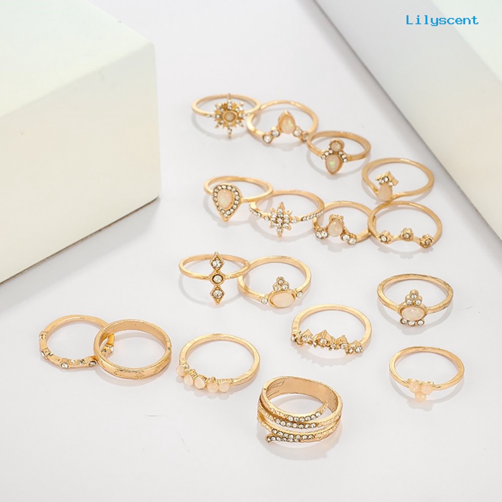 Ls 17Pcs / Set Cincin Wanita Hias Batu Permata / Berlian Imitasi Gaya Bohemian Untuk Kencan / Hadiah