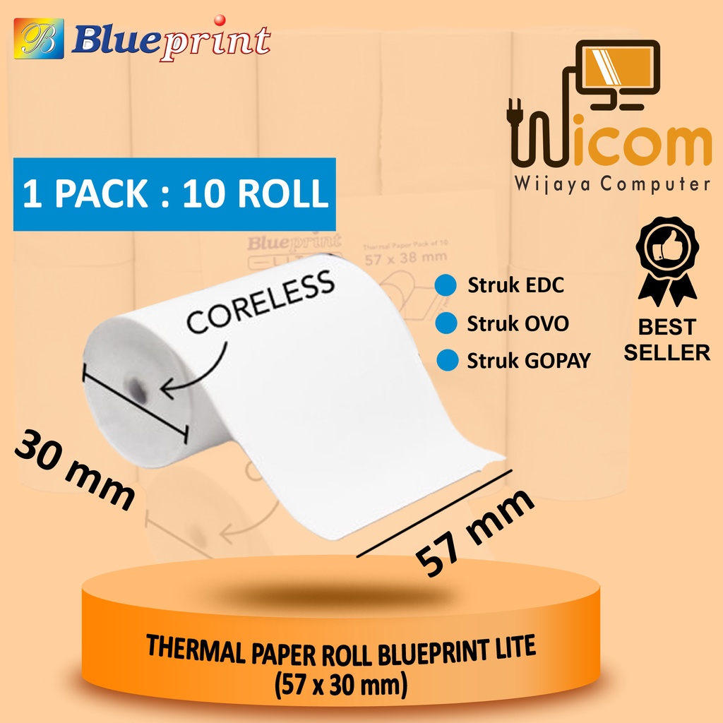 

Kertas Thermal Kasir Struk EDC BLUEPRINT Lite 57x30 , 57 x 30 mm - 1 PACK = 10 ROLL