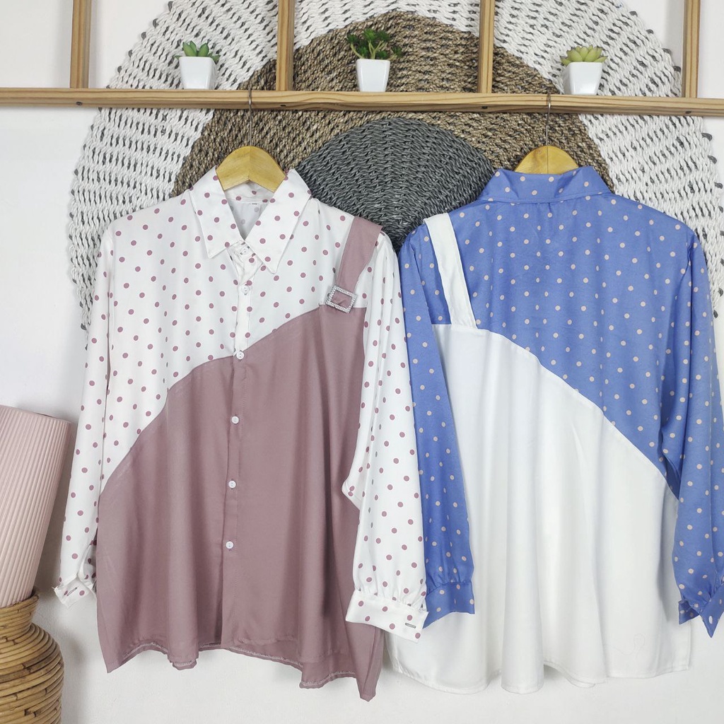 KEMEJA ROMPI JUMBO BIGSIZE MOTIF POLKADOT BIG SIZE ATASAN SUPER JUMBO OVERSIZE OOTD KOREA LD 110 120 130 140 150 COD