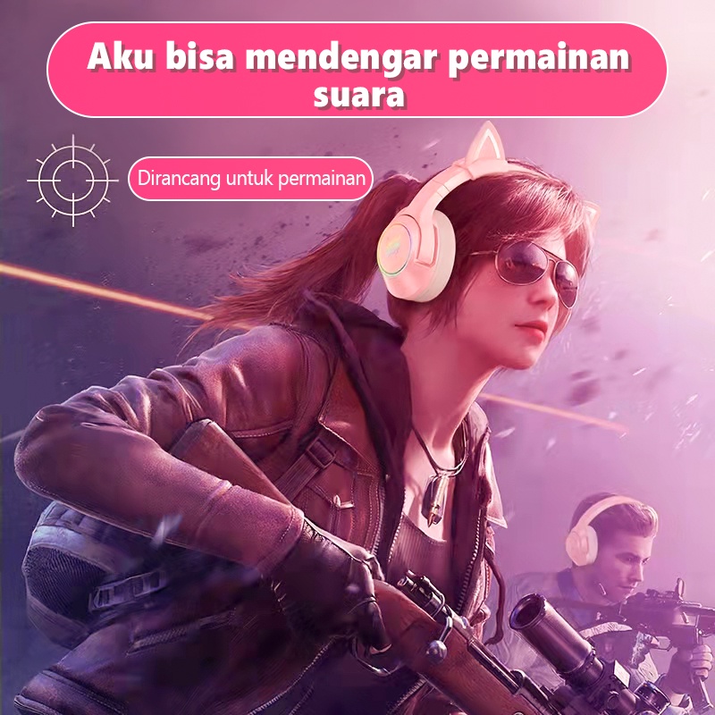 Onikuma K9 Pink Cat Ear Perempuan Headset Gaming dengan Mikrofon Pencahayaan RGB Cocok untuk Komputer Seluler Head-mount Subwoofer Headphone Kabel