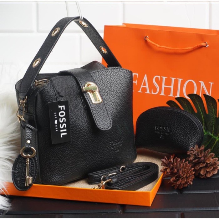 Terlaris Tas wanita batam Fosil 023 LOCKDOWN tas bahu import premium murah - Hitam