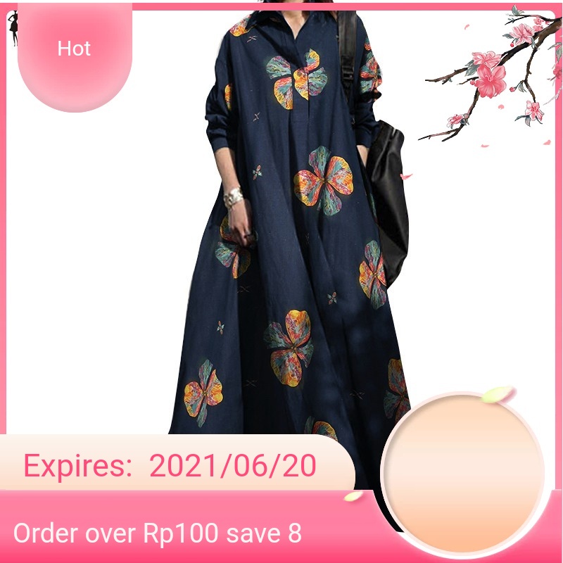 ZANZEA Women Long Sleeve Lapel Collar Button Cuffs Swing Maxi Dress