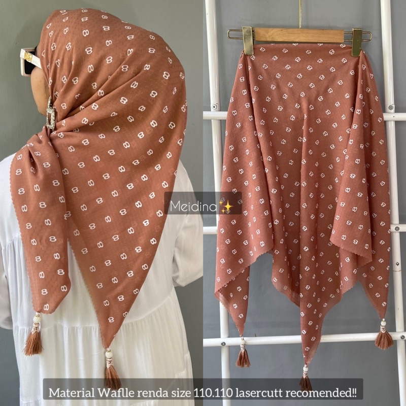 hijab segi empat wafle motif 8 jambul tassel mutiara