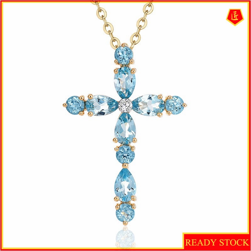 [Ready Stock]Fashion 18K Gold Plated Blue Gemstone Cross Pendant Necklace