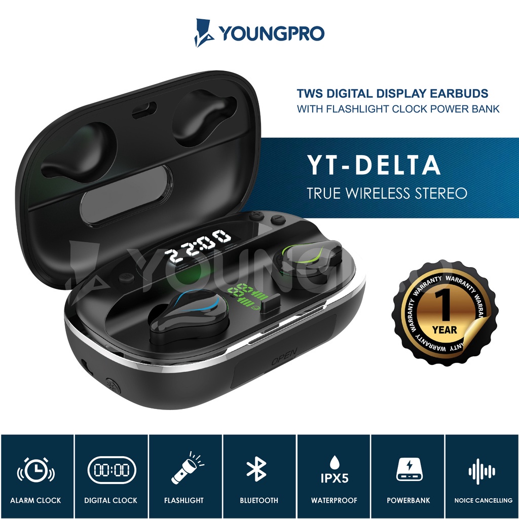 YOUNGPRO TWS DELTA Earphone Wireless Bluetooth With PowerBank Case Portable Flaslight Jam &amp; Alarm