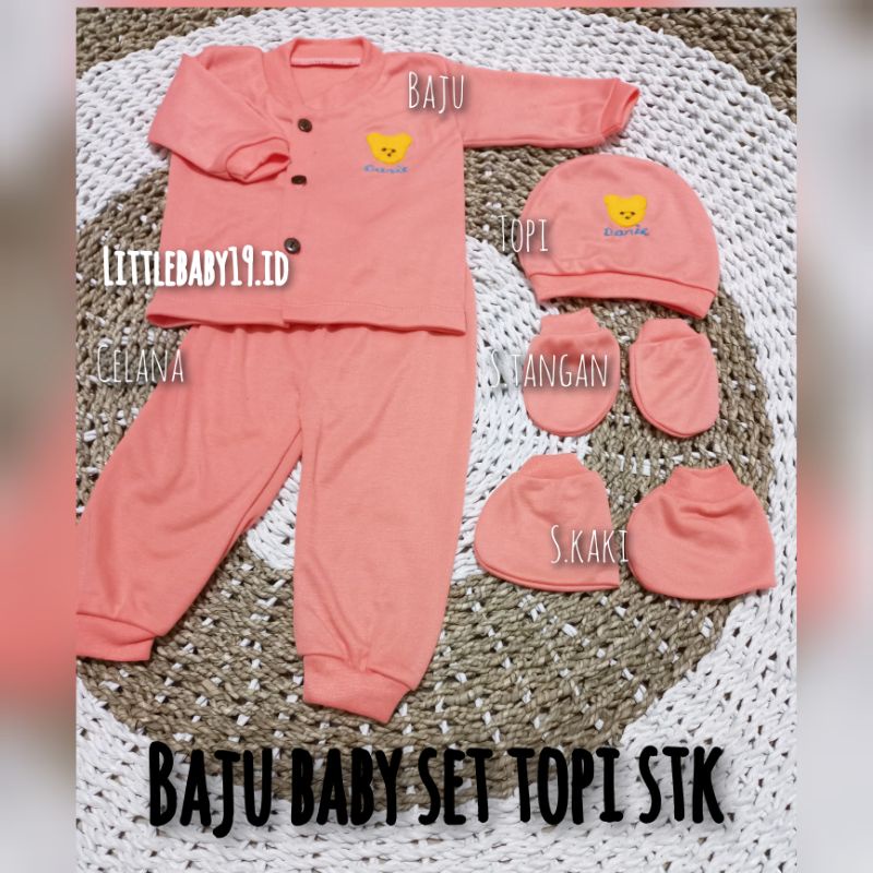 4in1 Piyama Bayi Polos/SET PIYAMA BAYI NEWBORN 0-3 BULAN  (1 Set. Baju,Celana,Topi,Sartaki)