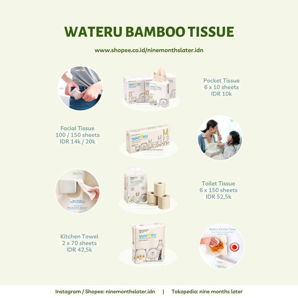 Wateru Bamboo Tissue Facial, Pocket, Pop Up, Mini Table 100 150 6x10 Tisu Bambu Anti Bacterial Eco