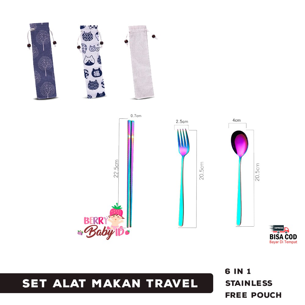 Berry Mart Travel Set 6-in-1 Sendok Garpu Sumpit Stainless Free Pouch Berry Mart