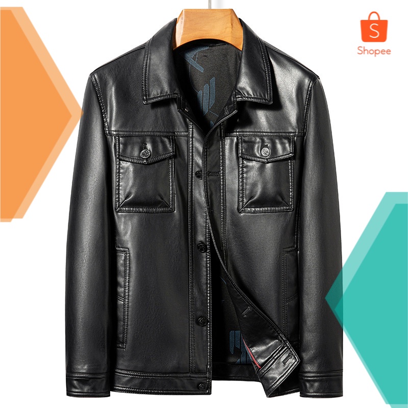 Jaket Kulit Import Haining  Middle-Aged Pria Ekologi Jaket Kulit Asli Kulit Pendek Kerah Workwear Ja