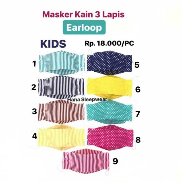 Masker kain KIDS 3 lapis ( Hana Sleepwear) EARLOOP
