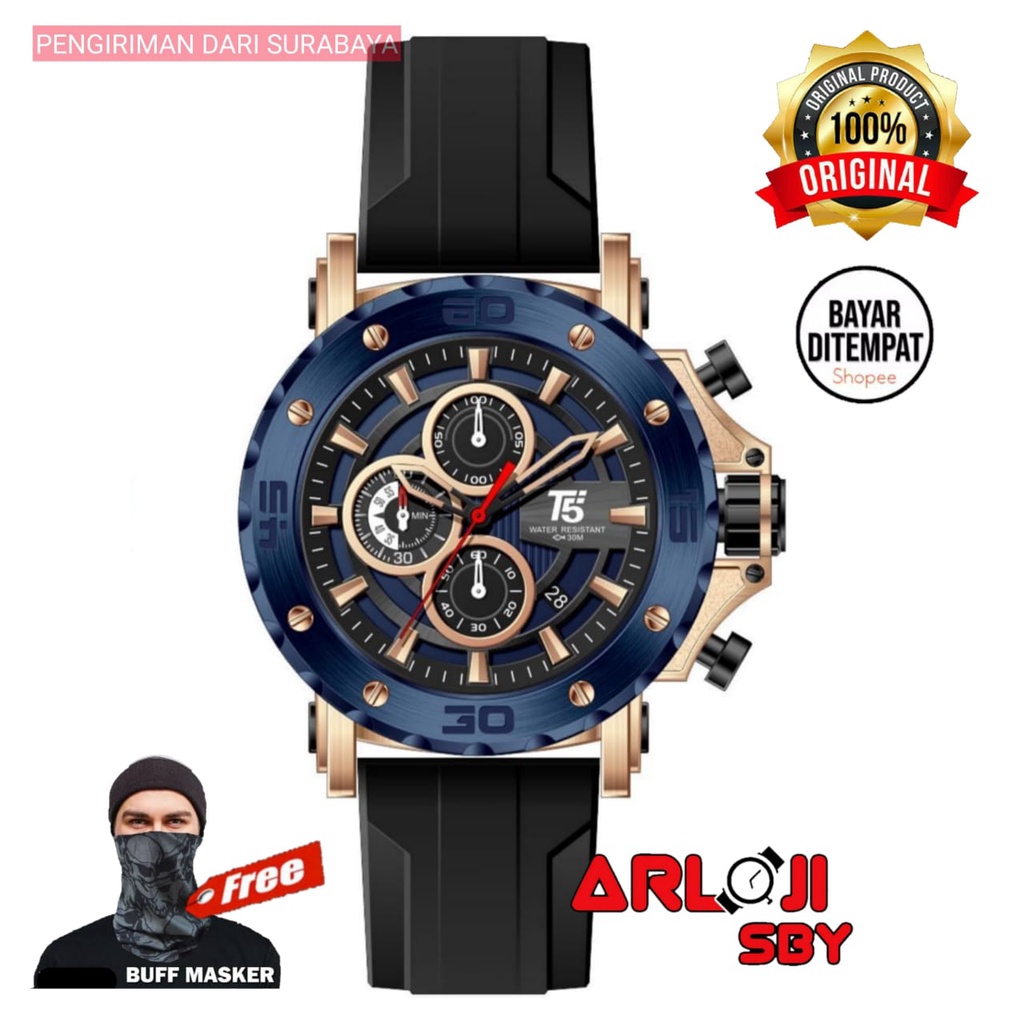JAM TANGAN PRIA T5 H 3865 ORIGINAL TAHAN AIR 3 ATM CHRONOGRAPH RED RUBBER STRAP FREE BOX PAPPER BAG