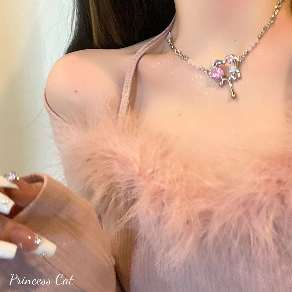 Kalung Rantai Pendek Wanita Liontin Hati Metal Hias Zircon Pink 2022