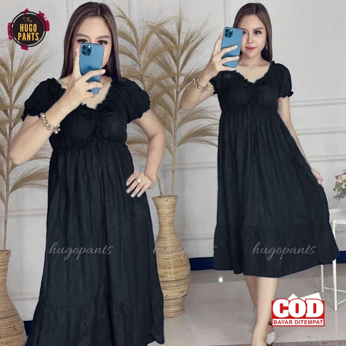 Daster Serut Dada Casandra Bali Kekinian Bahan Rayon Polos Wanita Remaja-hitam