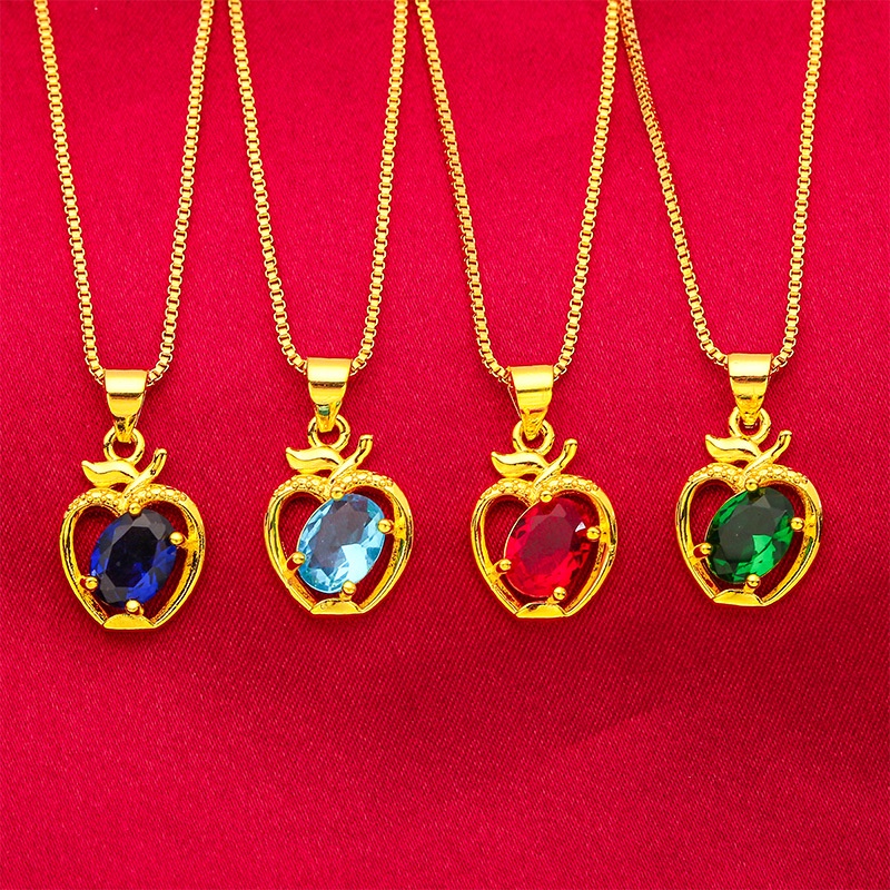 Kalung Rantai Klavikula Lapis Emas Asli Kadar 375 Hias Liontin Apel Ruby Zamrud Untuk Perempuan