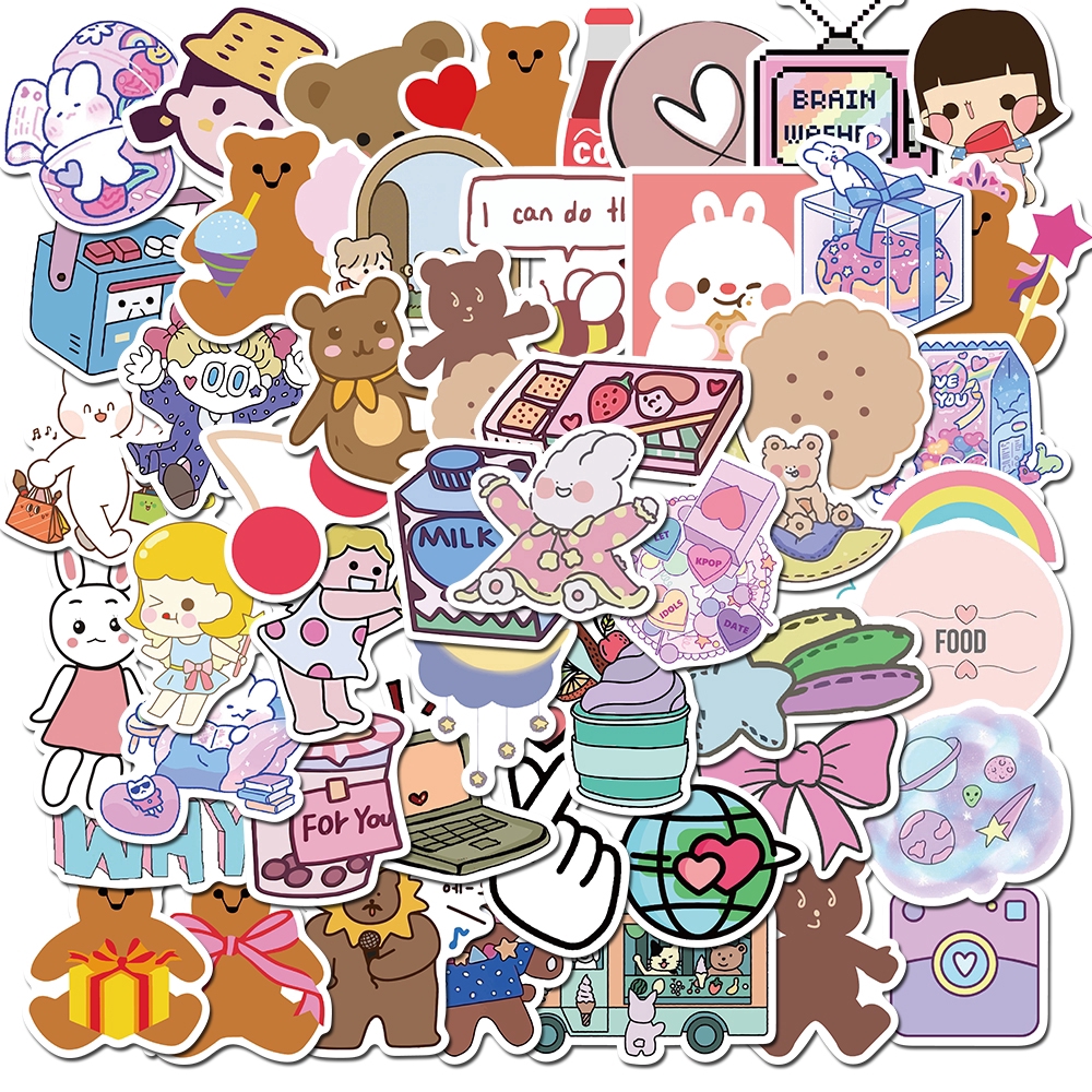 50pcs Pack Korea Ins Bear And Cute Girls Stickers For Skateboard Guitar Motorcycle Laptop Waterproof Sticker Toy