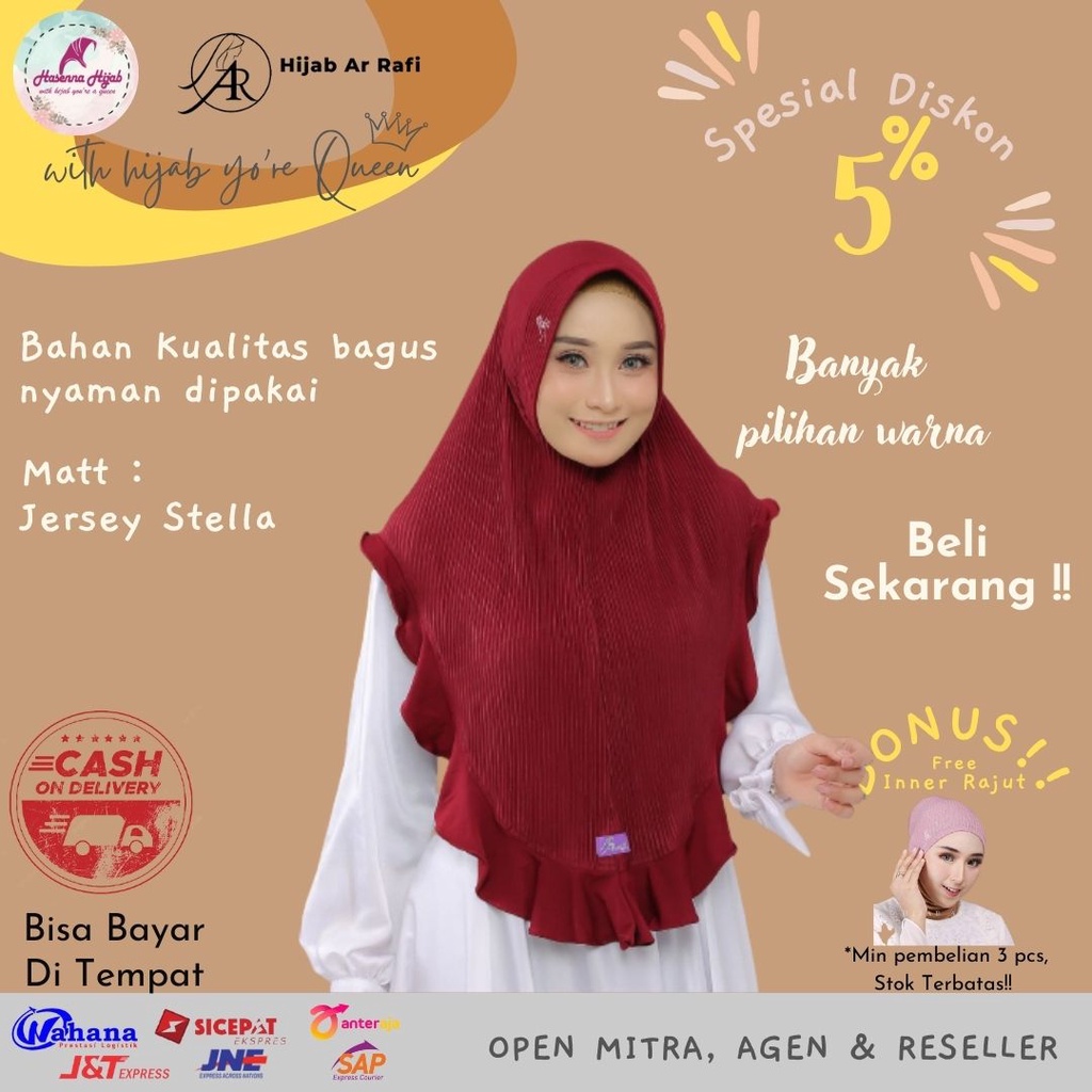 Arrafi Hijab Original AR 558 Variasi Rampel Depan Matt Jersey Stella Model Kain Hijab Plisket