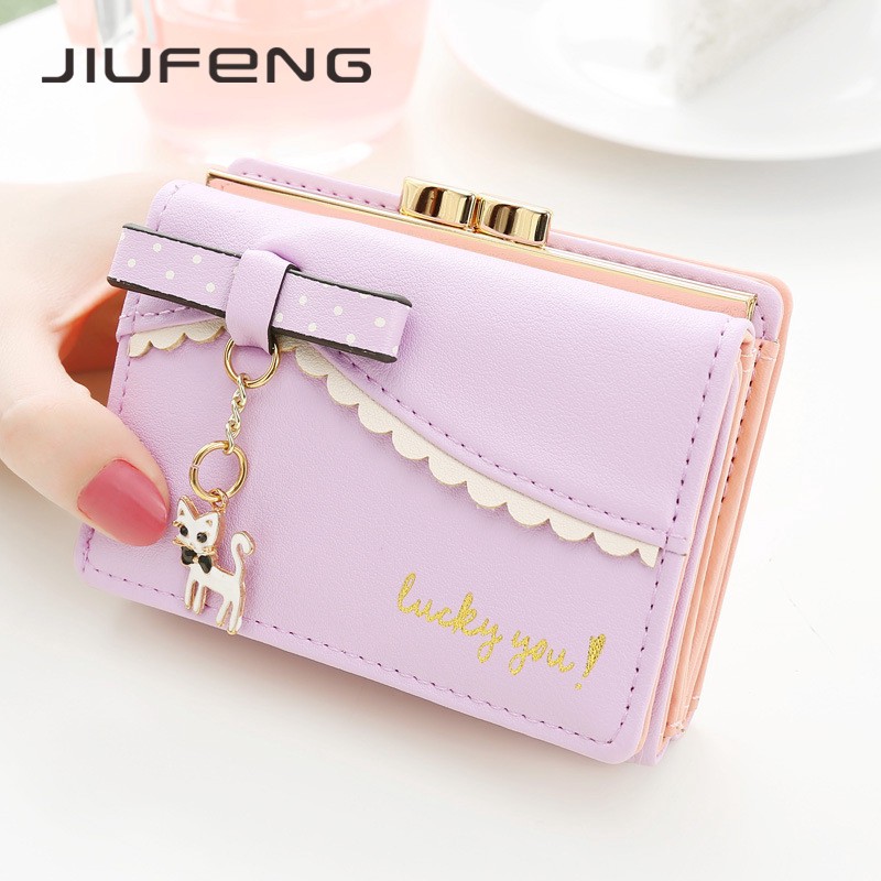 JIUFENG Dompet Wanita Korea Lucu Dompet Pendek untuk Wanita Mini Liontin Mahasiswa Dompet Kecil