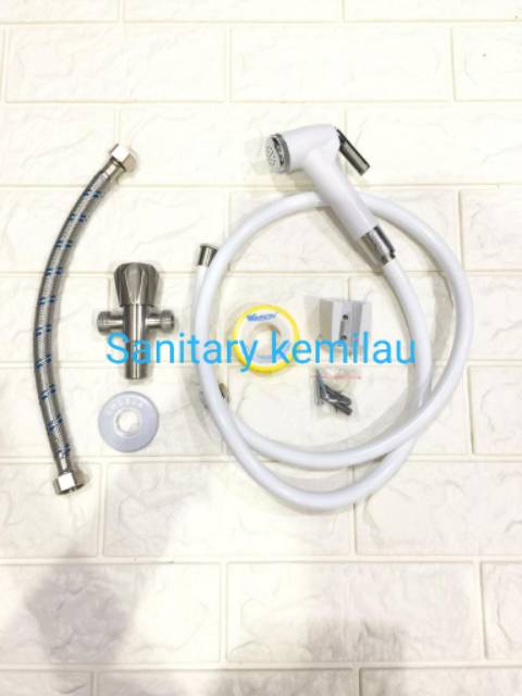 Paket Set Jet Shower Toilet + Stop Kran T Shower Stainles + Selang Flexibel Anyam + Sealtape