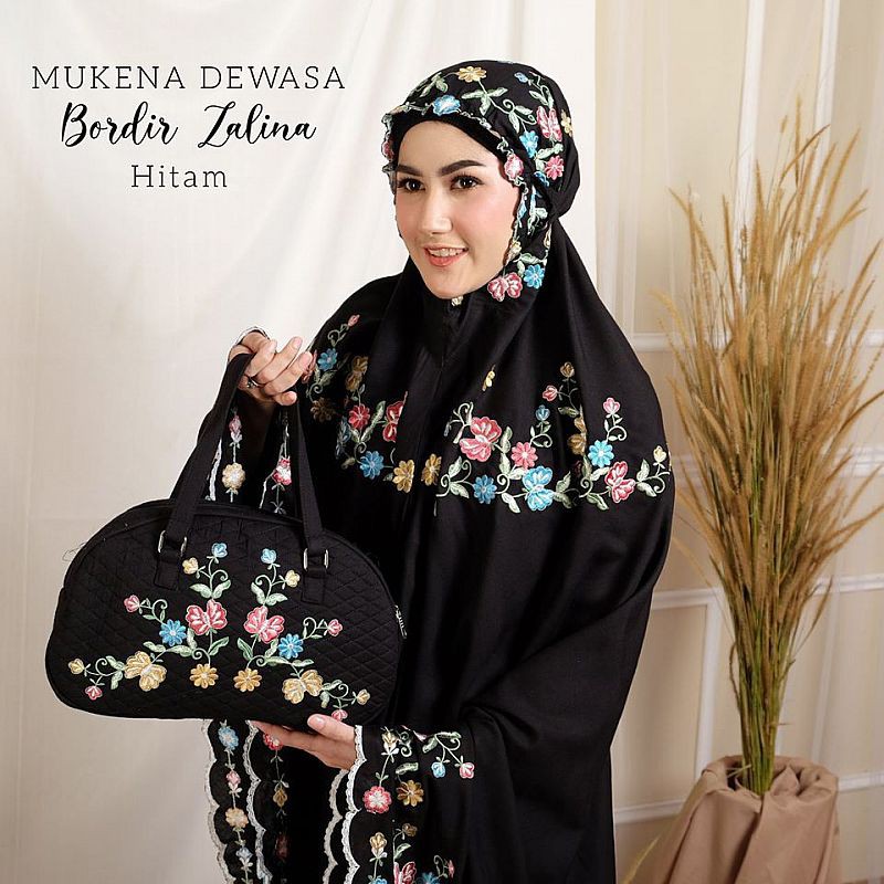 Mukena Dewasa Bordir Bahan Rayon Premium Adem Bunga Cantik Travel Traveling Travelling Zalina Hitam