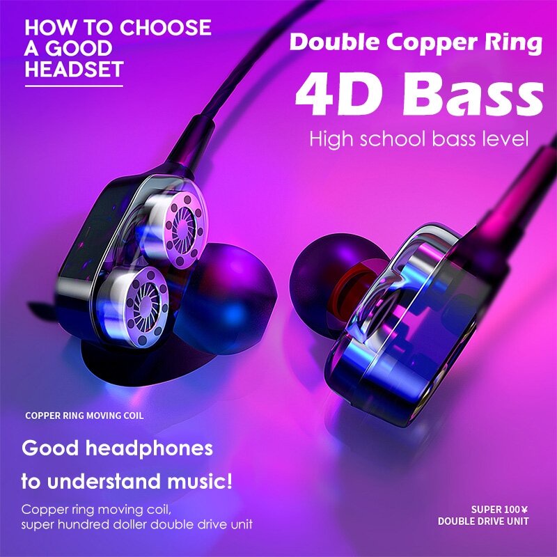 Headset Super Bass 4D Double Speaker Noise Canceling Dengan Mic Untuk Olahraga