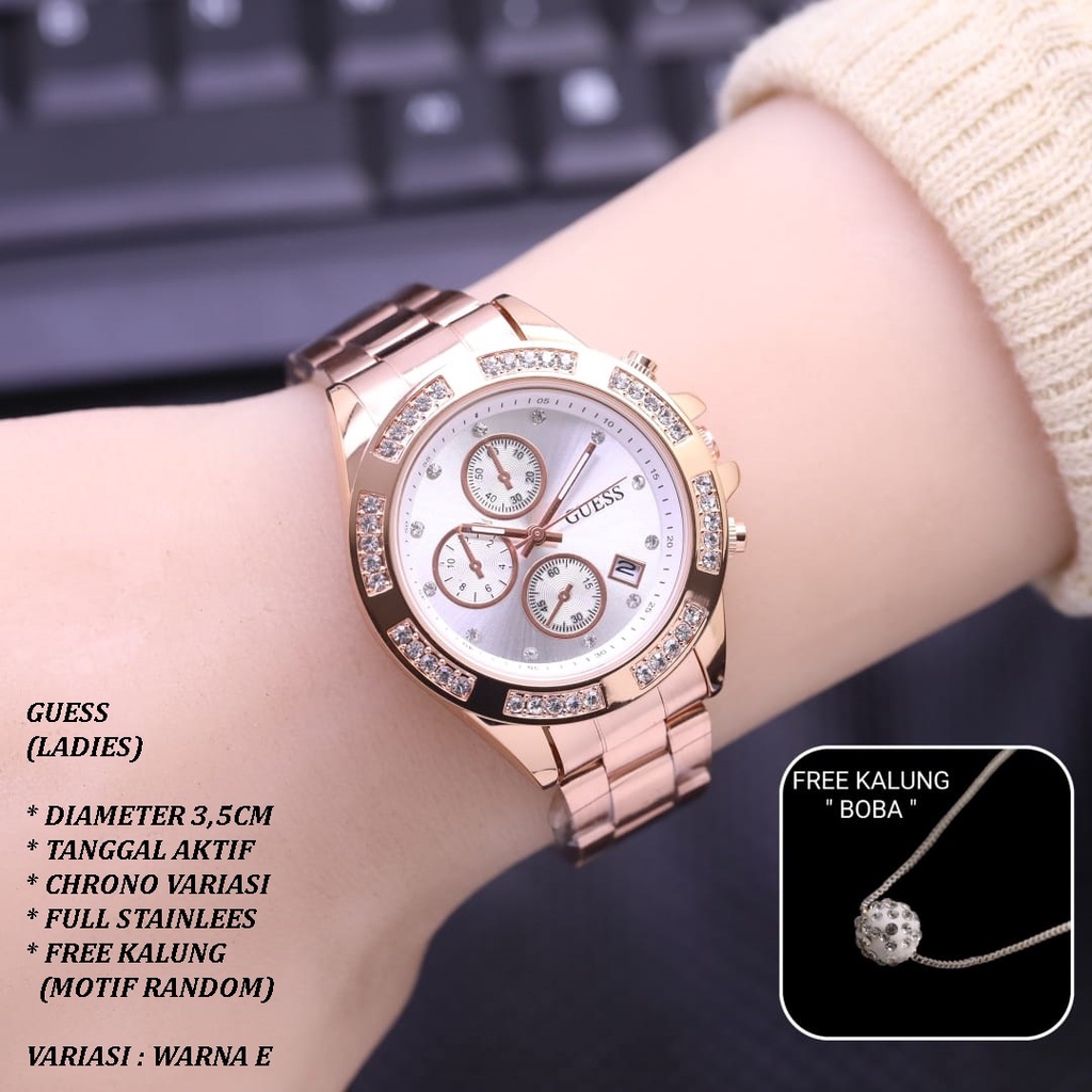 (BISA COD) JAM TANGAN WANITA GUESS RANTAI BODY BULAT TANGGAL AKTIF FREE KALUNG