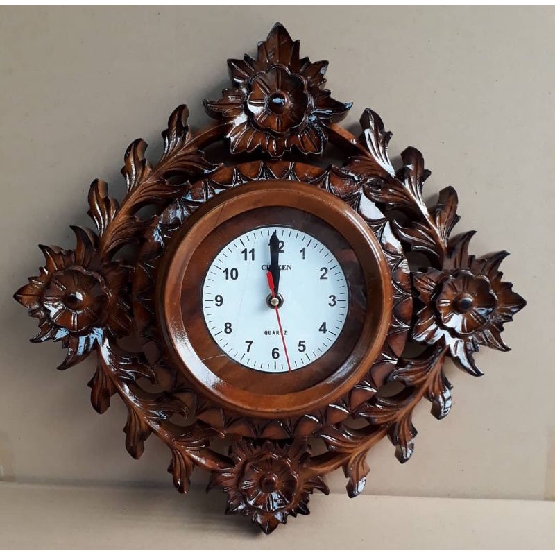 Sovenir Kayu Jam Dinding Gantung Ukir Motif Bunga Jepara Murah