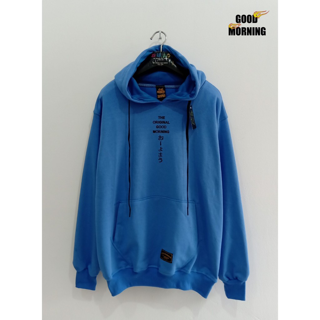 Sweater Hoodiee Pria Distro GOOD MORNING Ori Cowo Japan Size M L XL XXL Warna Biru