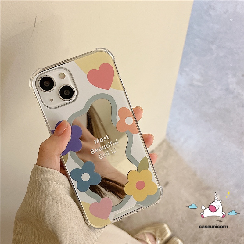 Soft Case Motif Bunga Dengan Cermin Untuk iPhone 7plus 8plus 7 8 Plus 11 13 12 Pro MAX X XR XS MAX SE 2020