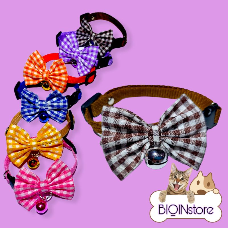Kalung Kucing Pita Plus Lonceng Motif Kotak Kotak