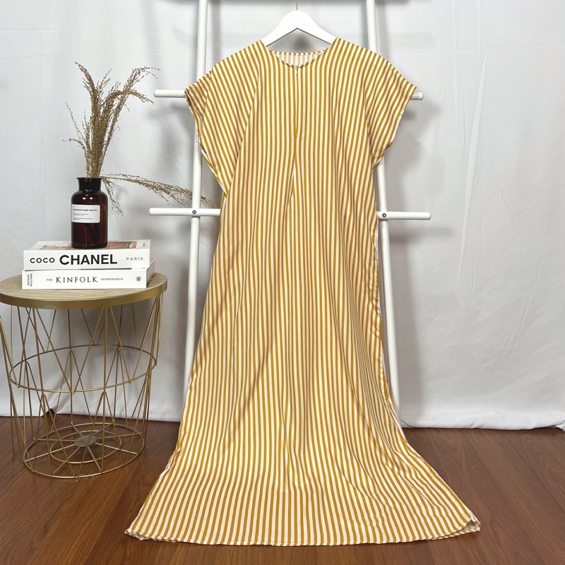 daster long semata kaki, daster panjang viral kekinian, daster rayon busui terlaris-Long Stripe Yellow