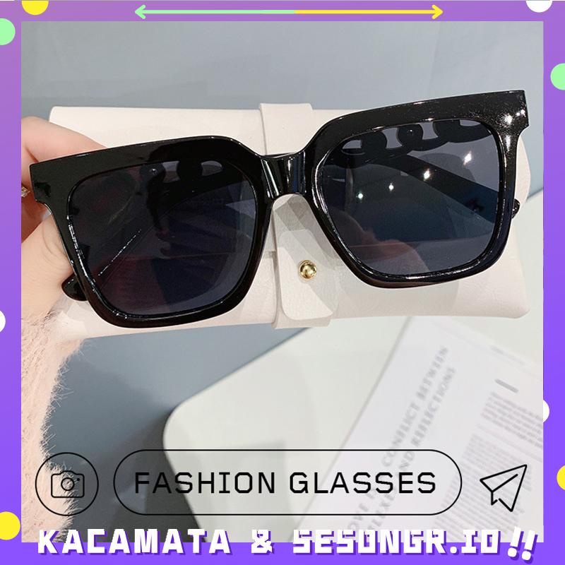 Kacamata Hitam Sunglasses Desain Rantai Persegi Bingkai Besar Kaca mata Retro Lensa Bening Kacamata Wanita Street Shooting