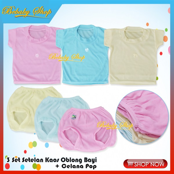 3 Set Setelan Kaos Oblong Bayi dan Celana Pop Celana pendek Polos Bayi Murah Pink Kuning Biru