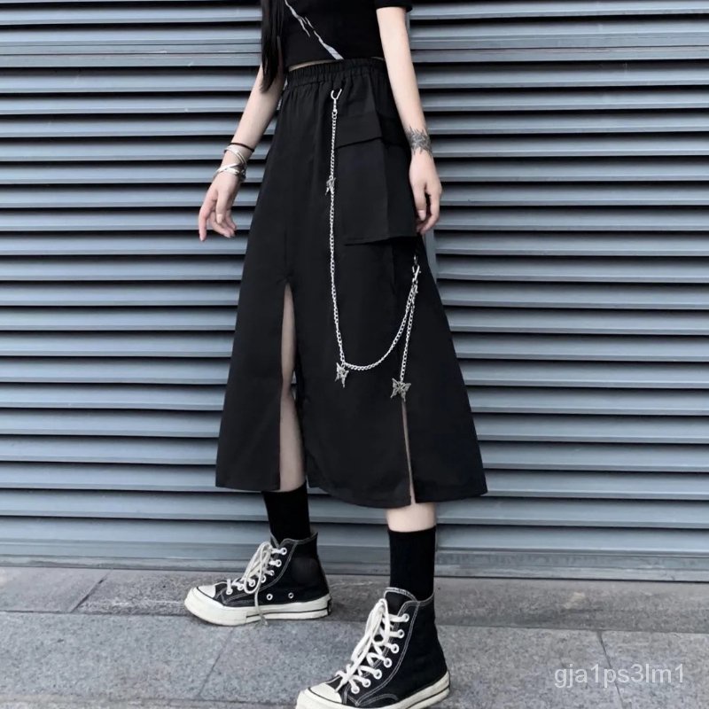 HOUZHOU Goth Punk Cargo Skirt Long Techwear Women Gothic Split Chain Asymmetrical Black Skirt Street