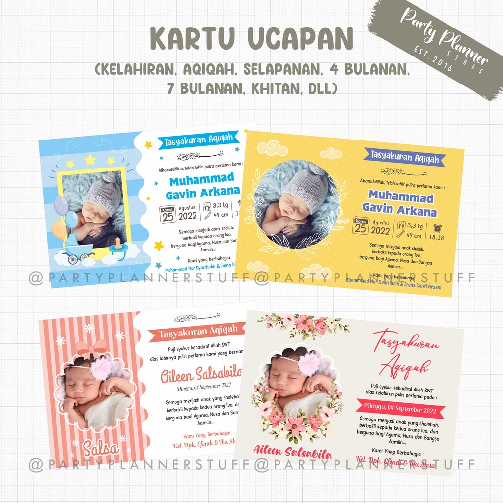 Kartu ucapan tasyakuran aqiqah / stiker ucapan syukuran kelahiran / selapanan anak / ucapan 4 bulanan / 7 bulanan /  kartu nasi berkat