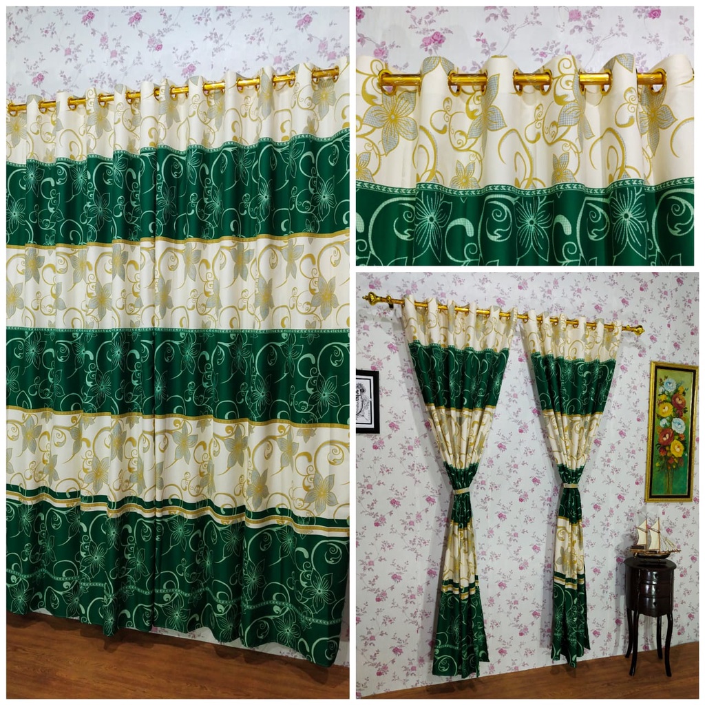 Gorden Polos Embos murah smokring 12 lubang Pintu Jendela Gorden Coklat polos Gordyn Hordeng Tirai-FLORAL HIJAU T220X13