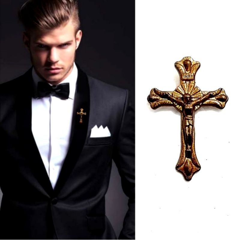 Metal Brown Cross Relievo Pin Bros Jas Kameja Tuxedo Salib Mens Pria