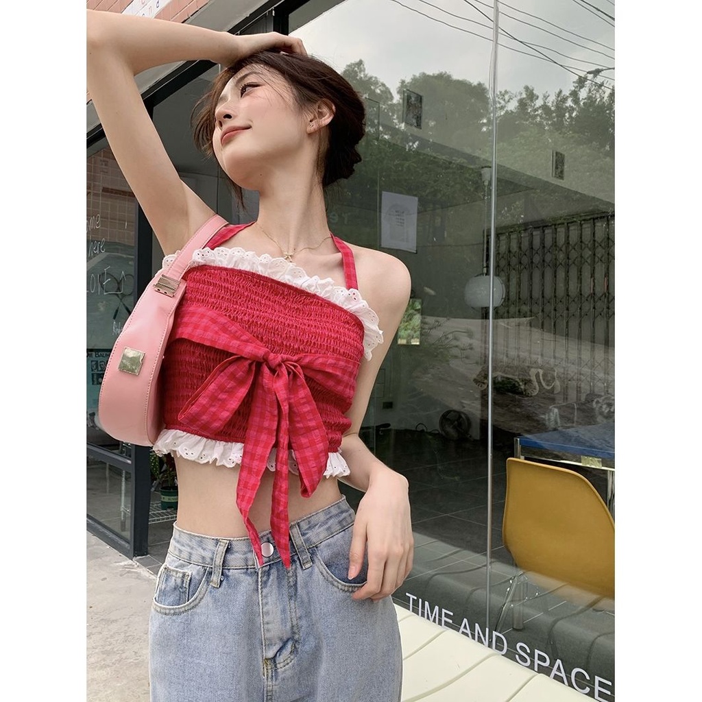 Red wanita kamisol wanita desain manis halter neck bow short top summer new hot girl inner bottoming shirt