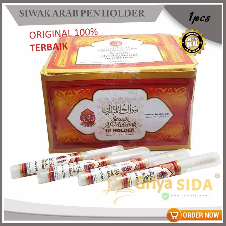 Siwak plus pen holder almubarak 1box 60pcs Siwak miswak Holder Siwak Basah Miswak Kayu SIwak