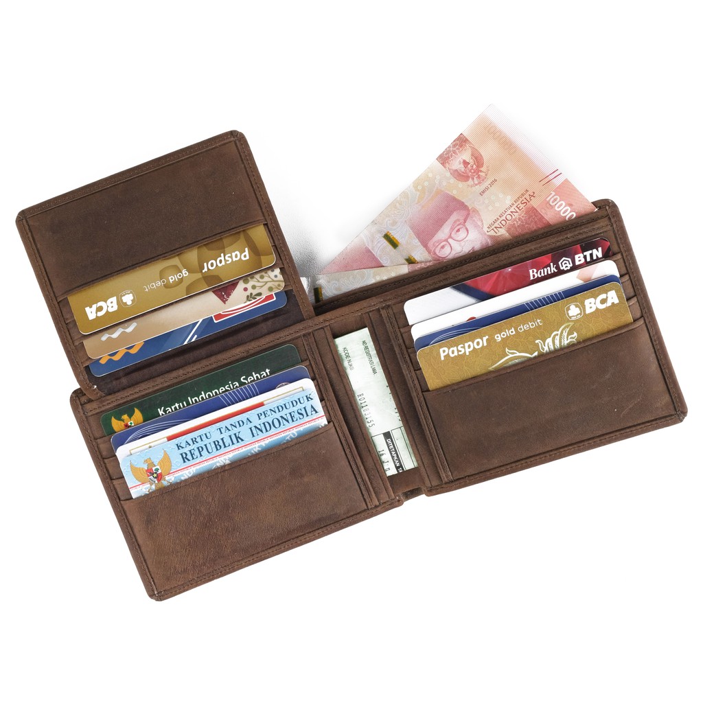 Dompet Kulit Pria Lipat Dua Muat 12 Slot Kartu Warna Coklat Dompet Kulit Asli