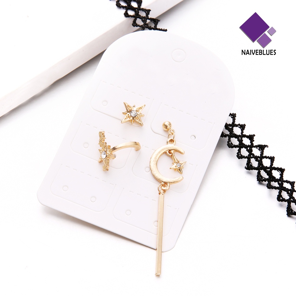 3pcs / Set Anting Stud Bentuk Bulan Bintang Aksen Berlian Imitasi Untuk Wanita