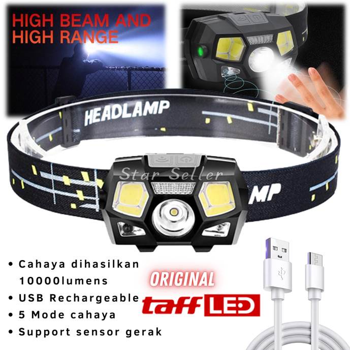 Senter Kepala LED Sensor Motion Cas Headlamp Flashlight Rechargeable USB + Motion Sensor XPE+COB