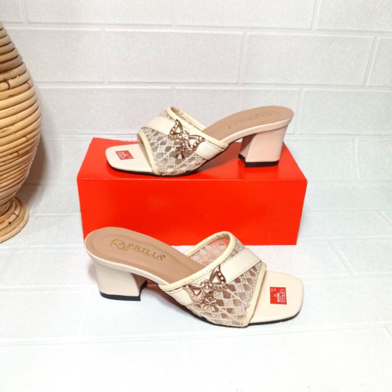 Aprilia sandal brukat wanita hak tahu 5cm/sandal slop slip on anti licin/sendal selop pesta wanita terbaru kekinian/heels brukat pesta