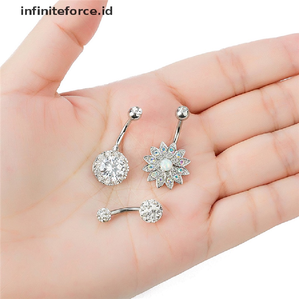 Infiniteforce.id 3pcs / Set Cincin Tindik Perut / Pusar Bahan Stainless Steel Hias Kristal Opal Untuk Wanita