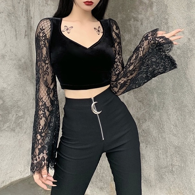 [Goth Story] Sexy Lace Long Sleeve Vneck Velvet  T-shirt Atasan Renda Lengan Panjang 8469 (S/M/L)