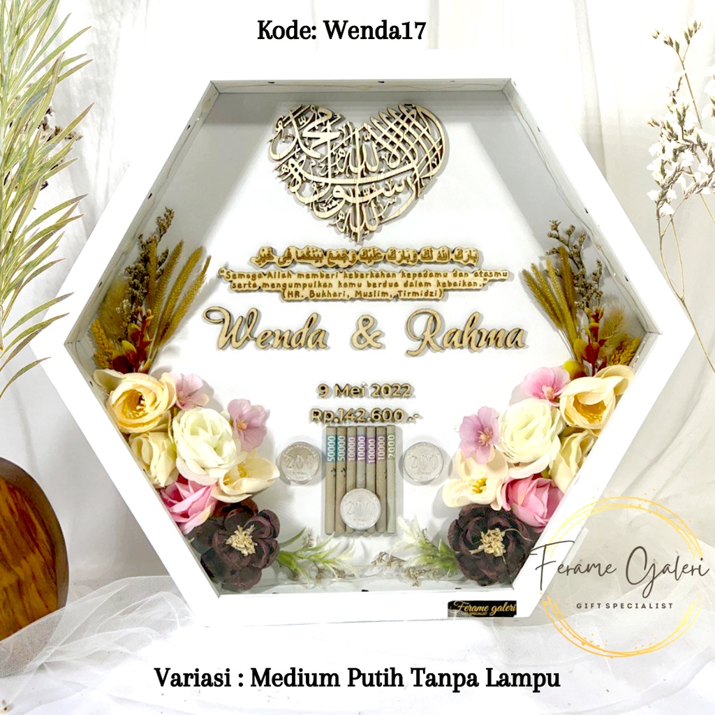 Wenda17 - Mahar Pernikahan Bingkai Mahar rustic | Dried flower bunga kering Bingkai Hexagonal | Bingkai Seserahan | Frame Mahar 3d kotak hexagonal by ferame galeri rustic